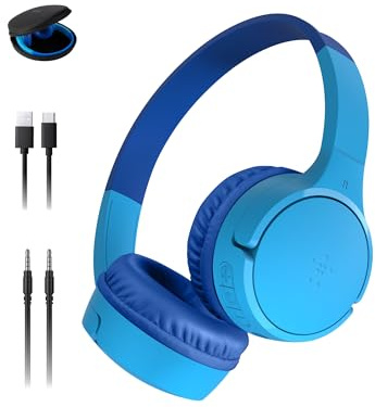 Belkin SoundForm Mini - Wireless Bluetooth Kids Headphones, 30H Battery, 85dB Safe Volume Limit, Built-in Microphone - Toddler On-Ear Earphones for iPhone, iPad - Ideal for School - Blue w/Case