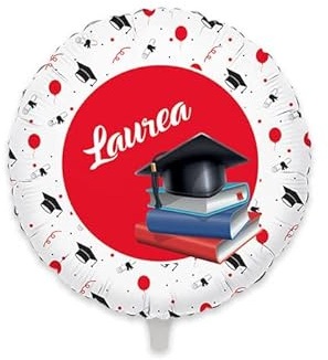 Pallone di LAUREA per il LAUREATO o LAUREATA - Rosso, Bianco e Nero con disegno di Tocco e Libri - PALLONCINO in foil Mylar - 45CM - gonfiabile ad aria o elio - FORNITO SGONFIO
