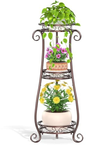 VASZOLA Soporte de metal de bronce de 3 niveles para múltiples macetas grandes, organizador de interiores y exteriores, soporte de flores alto resistente para esquina, patio, baño, oficina, estante