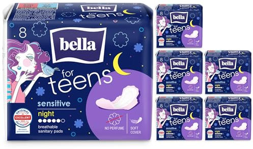 bella for Teens Ultra Binden Sensitive für die Nacht | dermatest: EXCELLENT | ultradünne Binden für Teenager im 6er Pack (6 x 8 Stück) | mit Flügeln und parfümfrei für erholsame Nächte ohne Sorgen