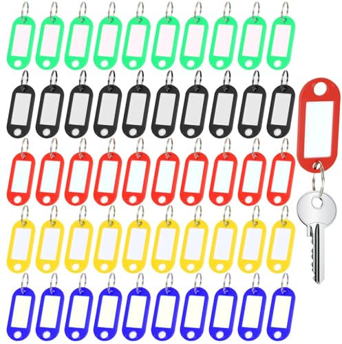 50 Pièces Porte Clés en Plastique, Porte Clef Etiquettes de Bagages Porte Clés Inscriptibles avec Anneau pour Étiquettes D'identification Nom D'animal de Compagnie Hôtel Valise