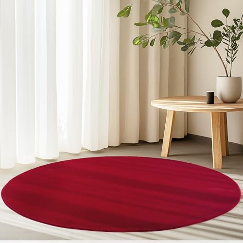 HomebyHome Kurzflor Teppich Wohnzimmer 120 cm Rund Rot - Runder Teppich Weich, Waschbar, rutschfest, modern einfarbig Design - für Schlafzimmer, Küche, Esszimmer