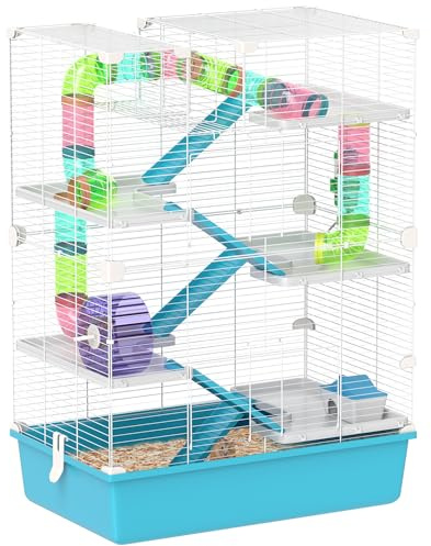 PawHut 6 Tier Small Animal Cage with Tubes, Exercise Wheel, Hut, Water Bottle, Food Dish, Ramps for Dwarf Hamster, 58 x 36 x 81 cm, Light Blue