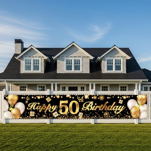50. Geburtstag Banner Schwarz Gold, Party Hintergrunddeko 210 x 40 cm