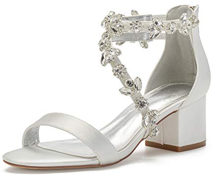 EICOFF Scarpe da Sposa con Tacco Largo Strass da Donna Scarpe da Abito con Punta Aperta Cinturino alla Caviglia Décolleté da Feste Matrimoni,Avorio,37 EU