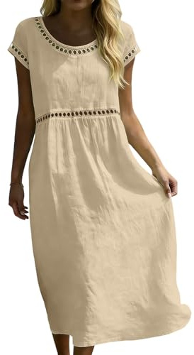 VPQILH Vestito Donna Estivo, Abiti Lunghi Estivi Donna, Vestito in Lino di Cotone, Scollo Girocollo Maniche Corte Abito Bohémien Traforato Vestitini Leggera Traspirante per Mare Spiaggia Vacanza