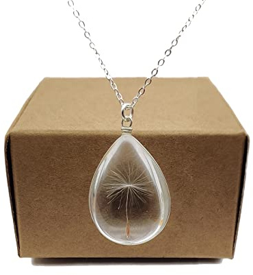 Collier Pissenlit Faire Un Souhait Verre Goutte d'eau Argent Sterling 925