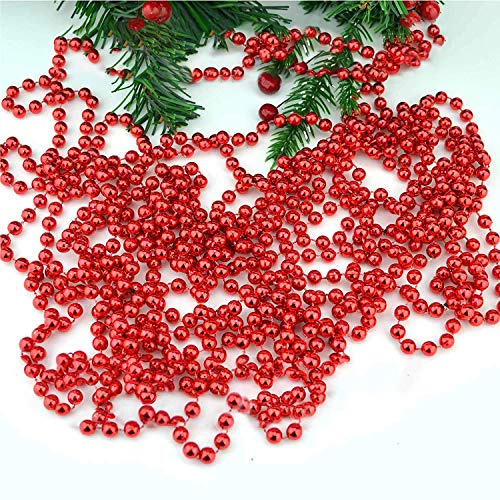 7.2m (24ft) Red Shiny Christmas Bead Chain Metallic Xmas Beaded Garland Artificial Pearls Tinsel For Christmas Tree Hanging Decorations DIY Art & Crafts Jeweller