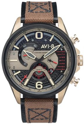AVI-8 Herren 44mm Hawker Harrier II Dual Retrograde Chronograph Desert Brown Japanische Quarz-Fliegeruhr mit Lederarmband AV-4056-06
