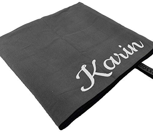 Sporthandtuch mit Name oder Wunschtext Bestickt, Mikrofaser Handtuch - ideal als Fitnesshandtuch, Badehandtuch, Reisehandtuch & Strandtuch, kompakt, leicht & schnelltrocknend, 50 x 100 cm anthrazit