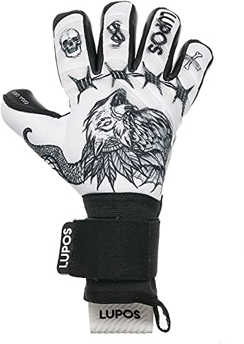Guanti da portiere Lupos Tattoo per adulti e bambini. Taglio negativo, palmo Giga Grip da 4+3 mm, dorso in mesh con stampa digitale e strisce di silicone transparente.