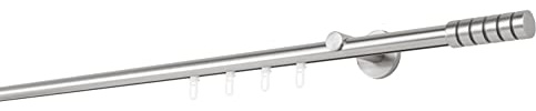 ondeco Gardinenstange auf Maß Innenlauf 20mm Rille 1-lauf Vorhangstange Wandträger 6,5cm Stilgarnitur Gleiter für Vorhänge Edelstahl-Optik 300cm