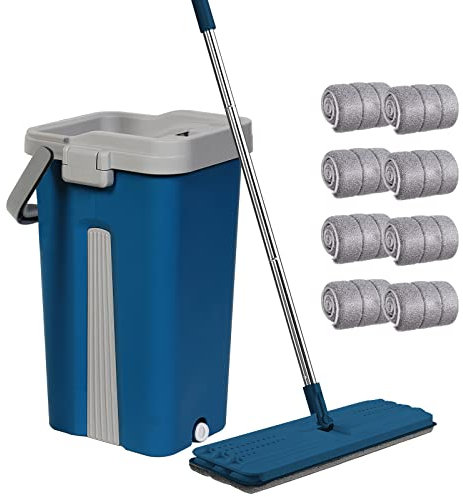 Set mocio e secchio, mocio piatto in microfibra per umido e asciutto, con manico in acciaio inox, secchio a doppia camera, adatto per tutti i pavimenti (blu)