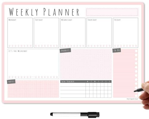 TMS A3 Magnetic Weekly Planner | Made in the UK | Fridge Whiteboard, Memo Board, To Do List, Calendar or Organiser for Work, Office or Family Planning + Dry Erase Pen | Blush Pink (42 x 30cm)