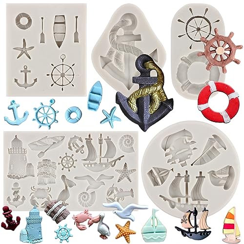 MYPRACS Lot de 5 Moules en Silicone Motif Ancre, Gouvernail, Bouée de Sauvetage et Bateau à Voile - Décoration de Gâteau en Sucre