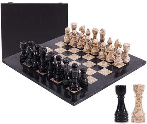 Marmor-schackspel 38,1 cm, handgjort i svart och korall, med 34 figurer och förvaringslåda. Lyxigt resespel för vuxna, snygg present & dekoration (svart och koral)