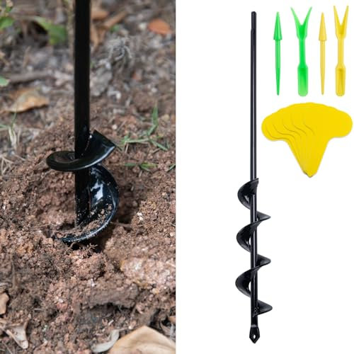CHANGEMOORE 4x22cm Gartenbohrer Erdbohrer für Bohrmaschine zum 2 Set kleine Schaufeln and 100 Stück Etikettenkarten, Pflanzbohrer für Akkuschrauber, Solider Grabungswerkzeug zum Pflanzen und Bohren