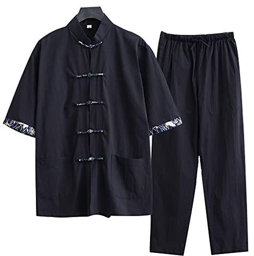 MYIESAXL Lockerer Tang-Anzug Für Herren, Traditionelle Chinesische Kleidung, Baumwollleinen, Kampfsportanzug, Atmungsaktiv, Bequem, Kung-Fu-Uniformen, Tai-Chi-Kleidung, Kurze Ärmel, Hanfu-Hemd