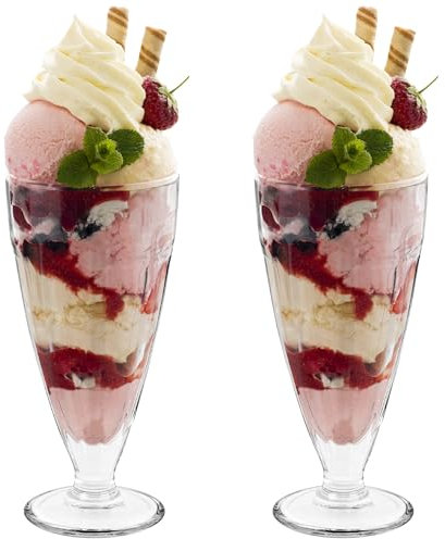 HEFTMAN Eisbecher – Set mit 2 großen 350 ml Milchshake-Gläsern mit klassischem, klarem Design – Retro American Diner-Stil, Knickerbocker Glory-Gläser, spülmaschinenfeste Dessertgläser (2 Stück)