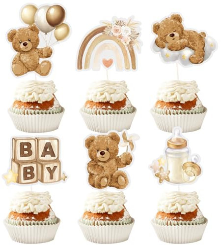 24 pcs Baby Shower Bear Cupcake Toppers Brown Bear Cake Toppers for Boy Kids Baby Shower Cake Decorations Gender Reveal Birthday Party Cake Supplies