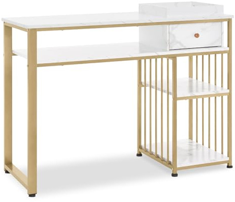 M MCombo Schreibtisch mit Schubladen, Nageltisch mit Regal, Manikürtisch aus Holz Metallgestell, Schminktisch ohne Spiegel Wohnzimmer Modern, Marmor-Weiß Gold, 45 x 110 x 80.5cm, 2498
