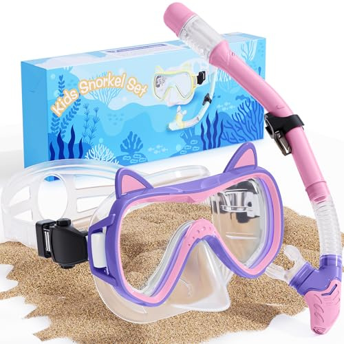 2026 Cute Kitten Kids Snorkel Set,Pastel Colors, Anti-Fog Tempered Glass Snorkeling Gear for Kids Age 6 and up – Ideal for Birthdays or Graduation Celebrations!