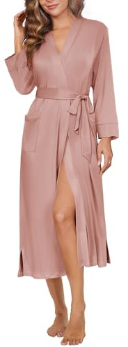 Ekouaer Womens Robe Long Knit Kimono Bathrobe Lightweight Sleepwear Soft Ladies Loungewear with Pockets, Pink, M