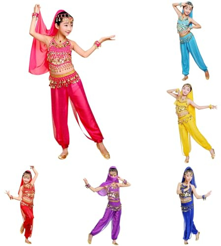 Generico Bambina Costume per Danza del Ventre Ragazza Set 3 Pezzi Crop Top con Paillettes Nappe Pantaloni Lunghi in Chiffon Catena in Vita Vestito Danza Ventre Belly Dancewaer