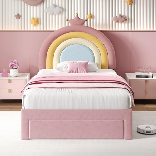 3ft Single Bed Frame with Storage Drawer, Velvet Upholstered Platform Bed with Adjustable Rainbow Headboard, Sturdy Wooden Slat Support/No Box Spring Needed, Youth Beds for Adult Kids Teenagers, Pink