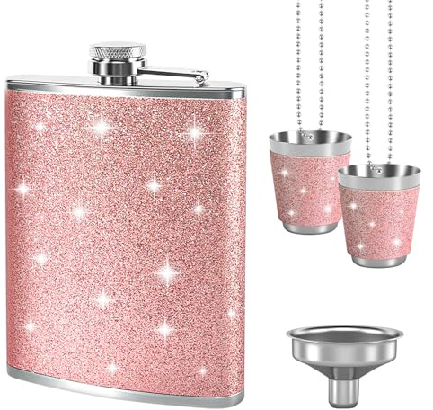 240ml Rosa Flachmann Rosa Glitzer Hüftflasche mit Trichter und 2 Kleine Tassen Auslaufsicher Flachmann Edelstahl für Wandern Party