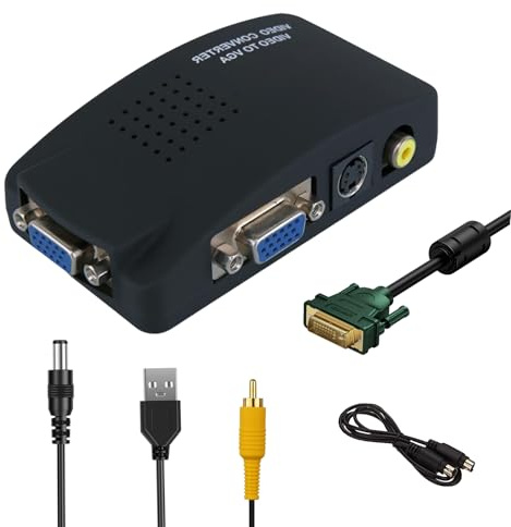 VGE Adattatore da AV/S-Video a VGA Convertitore con Funzione Picture in Picture (PIP), Compatibile con Lettore DVD, PS2, Set Top Box, per Monitor PC-Sdoppiatore VGA, Lettore DVD per TV Portatile