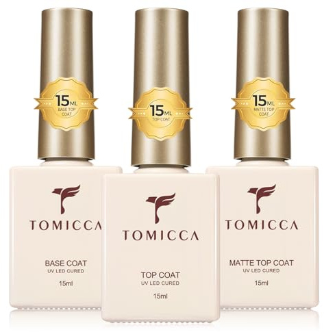 TOMICCA Base et Top Coat Kit, No Wipe Top Coat Semi Permanent 3 * 15ml, Base Coat Gel UV, Soak Off Gel UV/LED Cadeau Pour Studio De Manucure DIY Home