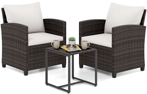 COSTWAY 3-Piece Patio Bistro Set, PE Rattan Furniture Set with 2 Cushioned Chairs and Tempered Glass Table, Outdoor Furniture Wicker Conservatory Sets for Balcony & Backyard (Mix Brown+White)