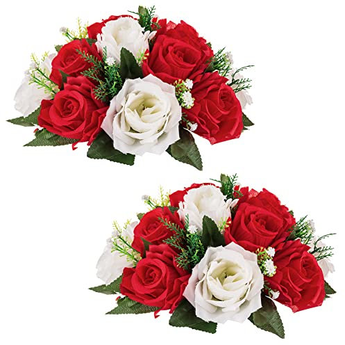 NUPTIO 2 Pcs Fake Flower Ball Arrangement Bouquet,15 Heads Plastic Roses with Base, Suitable for Our Store's Wedding Centerpiece Flower Rack Parties Valentine's Day Home Décor (Red & White)