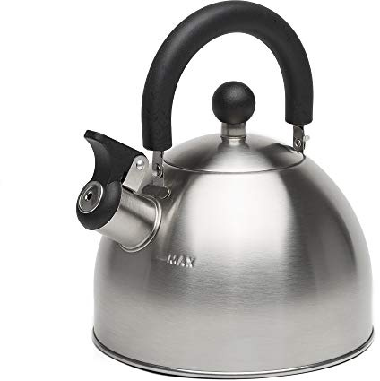 Primula Stewart Whistling Stovetop Tea Kettle Food Grade Stainless Steel, Hot Water Fast to Boil, Cool Touch Folding, 1.5-Quart, Brushed with Black Handle