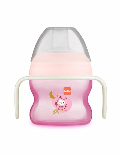 MAM Learning Cup, from 4 Months, 150 ml, Baby's First Cup, Asymmetric Spill Proof Silicone Easy Acceptance Spout, with Glow-in-the-Dark Handles, Pink, Pack of 1