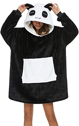 LATH.PIN Unisexe Sweat à Capuche Panda Pull Large Robe de Chambre Animal Microfibre Couverture Flanelle Panda Mignon Douce Epaisse Chaud avec Grandes Poches(1-Panda,M)