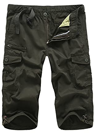 LUI SUI Men's Casual Military Elastic 3/4 Cargo Shorts Loose Fit Multi-Pocket Capri Summer Short Pants