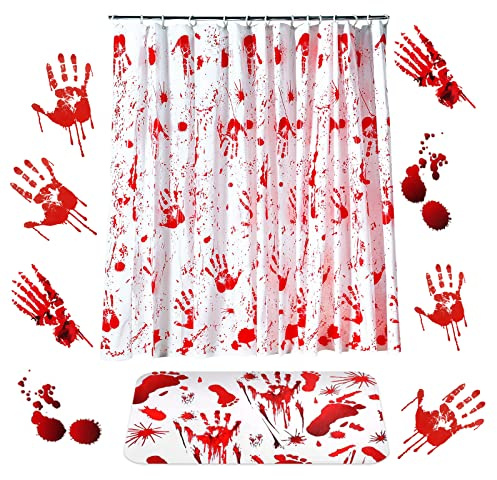 6 Pieces Halloween Bloody Handprint Footprint Shower Curtain Set Include Bloody Shower Curtain Bloody Handprint Door Mat and Halloween Handprints Footprints Window Clings for Halloween Bathroom Decor