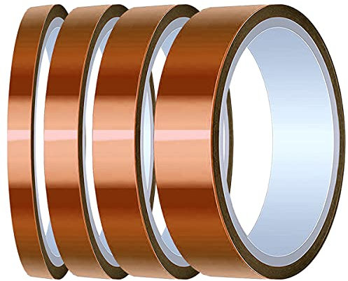 Youmile 4 rollos de cinta de alta temperatura Cinta de poliimida resistente al calor 4 tamaños 1/8 , 1/4, 1/2 , 1 x 33 m (108 pies) Cinta térmica Cinta de alta temperatura para enmascarar, soldar