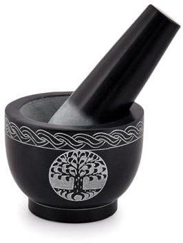 Samhita Tree of Life Natural Stone Mortar & Pestle Mortar Diameter- 9.52cm x 6.98cm, Pestle-12.7cm x 3.81cm