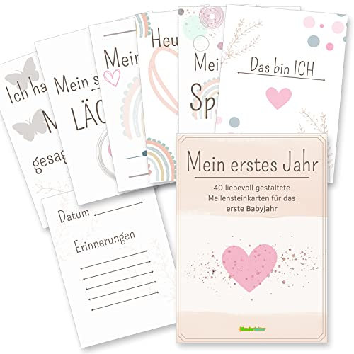 Wunderfaktur Baby Meilensteinkarten - 40 liebevoll gestaltete Erinnerungskarten für das erste Lebensjahr - auch als ideale Geschenkidee zur Geburt - für Mädchen und Junge im Design schlicht