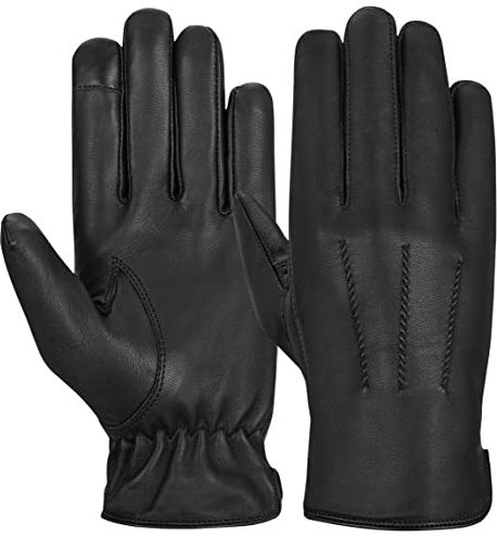 Hand Fellow Gants en cuir véritable pour homme – Doublure polaire, écran tactile, conduite, hiver, thermique, Noir , S