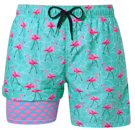 uideazone Mens Swim Trunks with Compression Liner Pink Flamingo Swimming Shorts Summer Beach Quick Dry Board Shorts Swimwear L