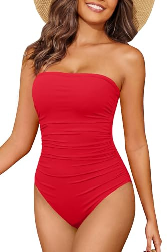 Holipick Women Tummy Control One Piece Swimsuits Strapless Bandeau Bathing Suits Slimming Halter Swimwear, Red, 18 Plus