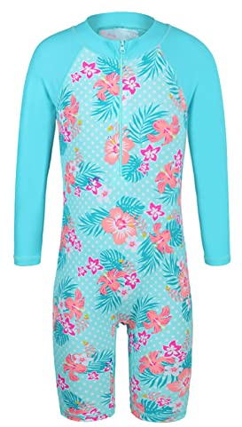 HUAANIUE Filles Enfants Maillot de Bain 1 Pièce Anti-UV UPF 50+ Enfants Filles Costume de Bain Zippé à Manches Longues 2-14 Ans (S310-Cyan, 5-6 Ans)