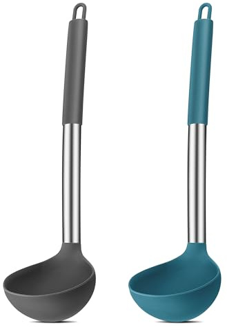 Soppslev, Joyfair 2-delad silikon slev set, värmebeständig slev med handtag av rostfritt stål, 30 cm stor såssked för matlagning/omrörning/servering, hälsosam och non stick – grå och blå