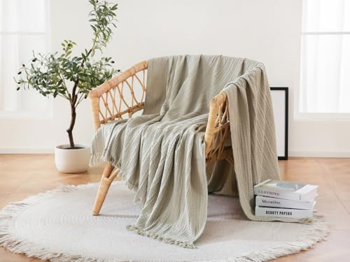 Coastline 100% Cotton Waffle Weave Blanket Throw with Fringe,Pre-Washed Soft Cozy,Lightweight Breathable Blanket Throw for Couch Bed Sofa（Natural,150x200cm）