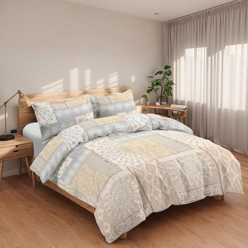 Etrexonline Juego de Funda Nórdica 4 Piezas Cama 135 Microfibra Extra Suave Transpirable - 1 Funda Edredón 220x220 cm, 1 Bajera 135x200+28 cm y 2 Fundas de Almohada 50x75 cm (Estilo Bohemio Chic)