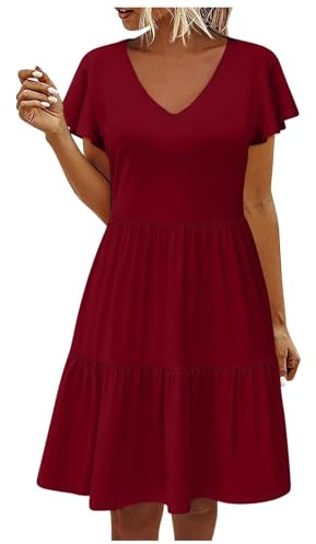 Womens Summer Maxi Dress, Women's Casual Plain Summer Dress V Neck Ruffle Knee Length Dress Loose Short Sleeve Beach Dress A Line Tiered Dresses Dresses for Women Casual Vintage Prom Swing Party Dress